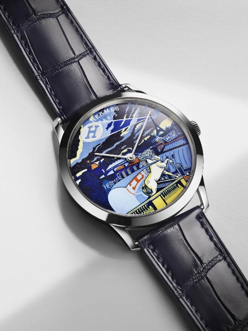 エルメスの腕時計「スリム ドゥ エルメス ミニュイ オ フォーブル」“パリと馬”を描く細密画の文字盤コピー エルメスの腕時計「スリム ドゥ エルメス ミニュイ オ フォーブル」“パリと馬”を描く細密画の文字盤コピー