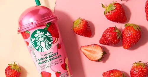 スターバックス“史上最大量のいちご果肉”×まろやかミルクの新作チルドカップ、全国ファミマでコピー