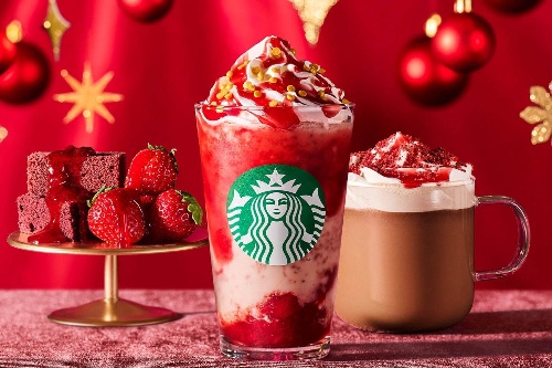 スターバックスのクリスマス限定「ストロベリー ＆ ベルベット ブラウニー フラペチーノ／モカ」