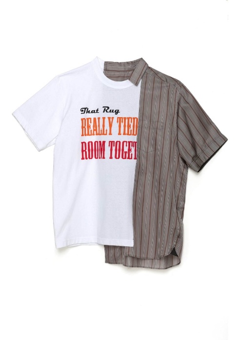 サカイ×映画『ビッグ・リボウスキ』の変形トップス、Tシャツにシャツ生地＆フリルをミックスコピー