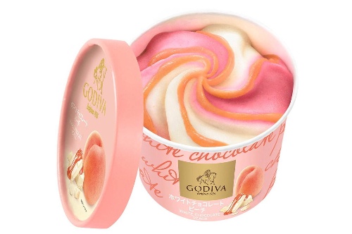 ゴディバの新カップアイス「ホワイトチョコレート ピーチ」ピーチソース入りのツートンカラーアイスコピー
