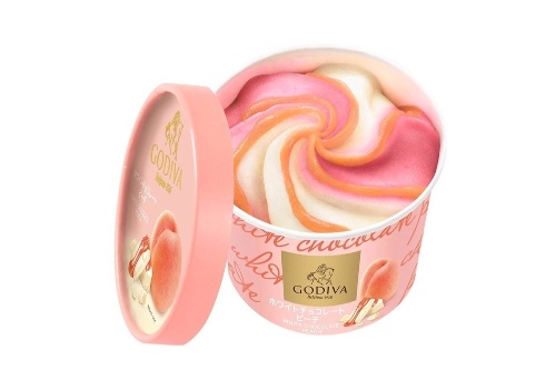 ゴディバの新カップアイス「ホワイトチョコレート ピーチ」ピーチソース入りのツートンカラーアイス