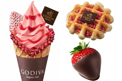ゴディバのバレンタインスイーツ、チョコがけいちごや3種のワッフル -阪急うめだ限定のソフトクリームも